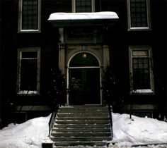 the stairs are covered in snow and lights