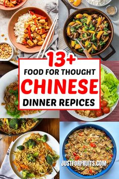 chinese food is shown with the words, 13 + food for thought chinese dinner recipes