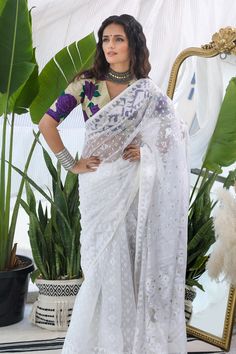 Off white saree with geometric woven jamdani motifs and striped pallu.
Component: 1
Fabric: Cotton
Color: White
Note: Blouse worn by the model is not for sale - Aza Fashions White Jamdani Saree Look, Jamdani Saree Look, Puffy Blouse, Saree White, Off White Saree, Pure Georgette Sarees, Royalty Aesthetic, Tissue Saree, Saree For Women