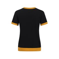 - Knitted Top- 100% cotton yarn- Unlined- Regular fit- Machine washable Fabric & Care- Delicate Machine Wash at 30 degrees(86℉) with similar colors.- Iron inside out on low temperature.- Store flat.- Do not tumble dry.- Do not bleach. Black T-shirt With Contrast Color In Relaxed Fit, Casual Stretch T-shirt With Contrast Color, Stretch T-shirt With Contrast Color And Short Sleeves, Contrast Color Stretch T-shirt With Short Sleeves, Short Sleeve Stretch T-shirt With Contrast Color, Cotton Knit Top With Ribbed Crew Neck, Black Tops With Contrast Color And Relaxed Fit, Black Relaxed Fit Top With Contrast Color, Sporty Crew Neck Tops With Contrast Trim