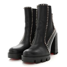 This is an authentic pair of CHRISTIAN LOUBOUTIN Nappa Out Line Spike Lug 100 Boots size 38 in Black. These booties feature a round toe, leather uppers with spikes and studs, and a 4.5-inch heel. 5 Inch Heels, A 4, Christian Louboutin, Leather Upper, The 100, Boots, Heels, Leather, Black