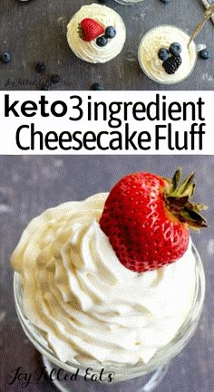 keto 3 ingredient cheesecake fluff in a glass bowl with strawberries and blueberries on top