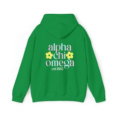 Soft, cute, and trendy, this green Alpha Chi Omega sorority hoodie will quickly become your go-to cozy sweatshirt, or make the perfect gift for your big, little, or sister! Greekify™ is an officially licensed vendor of greek apparel. We are licensed for over 26 sororities. View our shop and browse by sorority using the menu or search bar to find your specific sorority! We only print on high quality, soft, & heavyweight materials, sustainably made and printed in the US. ♥ SIZING ♥ Unisex Sizing- For a more feminine, fitted look we recommend getting your size. For a more oversized look, we recommend sizing up. ♥ SHIP TIME ♥ Items may take up to 7 business days to process before shipping. Shipping time is (on average) an ADDITIONAL 2-5 business days. Shipping times vary for many reasons, but Green Graphic Print Hoodie For College, Spring Sorority Sweatshirt With Letter Print, Sorority Style Letter Print Sweatshirt For Spring, Sorority Style Spring Sweatshirt With Letter Print, Sorority Letter Print Sweatshirt For Spring, Alpha Chi Omega Sweatshirt, Chi Omega Sweatshirt, Chi Omega Sorority, Bid Day Shirts