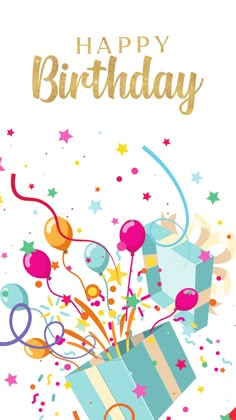 a birthday card with confetti, balloons and streamers in the shape of a gift box