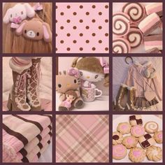 a collage of pink and brown pictures with teddy bears, sweaters, boots, cookies