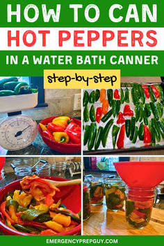 Step-by-step process showing fresh hot peppers on a scale and tray, a bowl of roasted peppers, and jars being filled and sealed, demonstrating how to can hot peppers using water bath canning for preserving. Can Hot Peppers, Canning Hot Peppers, Pickled Hot Peppers, Canning 101, Water Bath Canning, Hot Peppers, Preserving Food, Tomato Paste, Stuffed Hot Peppers