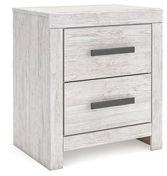 a white wooden nightstand with two drawers