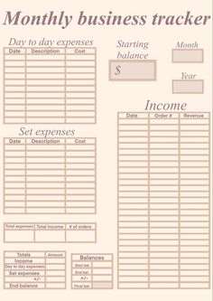 a printable business tracker with the words, money and other things to do on it