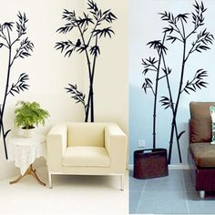 two pictures side by side one has a chair and the other has a plant on it