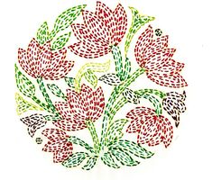 a drawing of red flowers with green leaves in the center on a white paper background