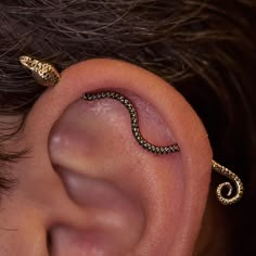 a close up of a person's ear with two different types of piercings on it