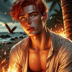 a man with red hair and green eyes standing in front of a fire filled beach