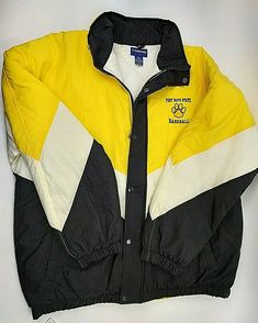 Fort Hays State Baseball Jacket Size XL Yellow White Black Full zip and Snaps          Measurements taken with the garment laying flat.         Underarm to underarm 27" (doubled 54")      Top of sleeve to sleeve hem 23"      Shoulder to shoulder 24"      Across bottom 23" (doubled 46")      Length, Shoulder by collar seam down to jacket hem 30"   Return Policy:        We do accept returns within 30 days. The seller pays for return shipping. The item must be returned in the exact same condition a Vintage Winter Outerwear For Sports Events, Sporty Zipper Closure Outerwear For College, Sporty Outerwear With Zipper Closure For College, Sporty College Outerwear With Zipper Closure, Vintage Winter Track Jacket For Sports Events, Vintage Long Sleeve Track Jacket For Sports, Baseball Jacket, Nike Jacket, Yellow White