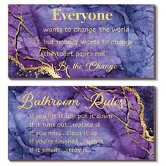 two purple marble business cards with gold foil lettering on the front and back of them