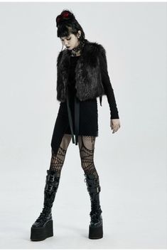 Winter Outfits Fur Vest With Dress, Gothic Sleeveless Vest Outerwear, Gothic Sleeveless Vest For Fall, Gothic Sleeveless Outerwear For Fall, Sleeveless Gothic Outerwear For Fall, Fitted Faux Fur Vest With Faux Fur Lining, Black Gothic Vest For Alternative Fashion, Fitted Black Faux Fur Coat, Gothic Vest For Cosplay In Winter