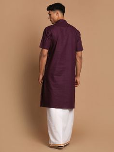 VASTRAMAY Men's Purpple Cotton Kurta And Mundu Set Stay comfortable and stylish with this purple cotton kurta and mundu set from VASTRAMAY. Perfect for various occasions, this set offers a blend of traditional and contemporary style. Features: Color: Purple Material: Cotton Pattern: Solid Sleeve Type: Long Sleeves Neck: Mandarin Collar Specifications: Brand: VASTRAMAY Fit: Regular Fit Occasion: Ethnic Wash Care: Machine Wash Material & Care: 100% Cotton. Machine wash cold with like colors, gentl Purple Straight Kurta For Diwali, Purple Cotton Kurta For Eid, Festive Purple Cotton Traditional Wear, Fitted Cotton Kurta For Puja, Cotton Short Sleeve Sets For Eid, Short Sleeve Cotton Sets For Eid, Fitted Purple Cotton Traditional Wear, Traditional Cotton Kurta With Short Sleeves, Festive Cotton Kurta With Traditional Fit