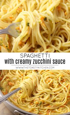 spaghetti with creamy zucchini sauce in a skillet