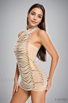 Lasaky - Elegance Defined: Eleanore Halterneck Pearl Mini Dress Elegant High Neck Beige Dress, Elegant Beige High Neck Dress, Beige Halter Neck Party Dress, Elegant High Neck Beach Dress, Elegant High Neck Dress For Beach, Beige Halter Neck Mini Dress For Party, Elegant Beige High Neck Mini Dress, Pearl Size Chart, Pearl Mini Dress