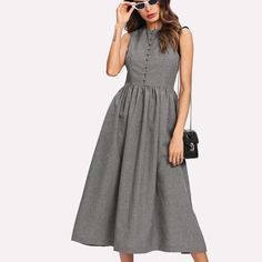 Brand New Grey Button Flare Midi Dress S Grey Midi Dress Outfit, Midi Dress Outfit Summer, Dress Outfit Summer, Gray Palette, Midi Dress Outfit, Solid Midi Dress, Flare Midi Dress, Everyday Dress, Grey Midi Dress