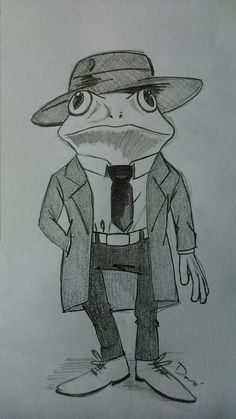 a drawing of a frog wearing a hat and tie with his hands in his pockets