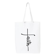 "Faith Cotton Tote Bag, Religious, Jesus, Friendly Bag, Shopping Bag, Cats, Church Disciple, Farmers Market Tote Bag, Vertical Faith Cross 6.0 oz., 100% cotton 20\" self-fabric handles 9\" handle drop Bottom gusset 15\"W x 16\"H x 3\"D" White Gift Shoulder Bag, Everyday Shoulder Gift Bag, Everyday Softback Bag With Letter Print, White Everyday Softback Bag, White Bags With Letter Print For Everyday Use, White Letter Print Bags For Everyday Use, Everyday White Bag With Letter Print, White Softback Bags For Gifts, White Softback Bag For Gift