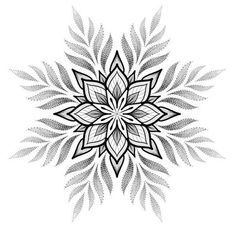 a black and white drawing of a flower with leaves in the center on a white background