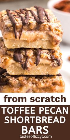 three pieces of toffee pecan shortbread bars stacked on top of each other