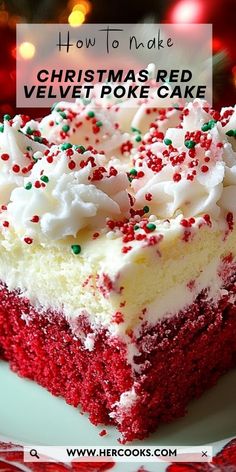 a red velvet poke cake with white frosting and sprinkles