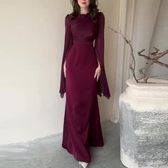 Fashion Satin Solid Robe Dress Ladies Temperament O-neck Slim Evening Dress Elegant Batwing Sleeves Stitching Dresses, Evening Dresses With Sleeves, Evening Dresses Elegant, Party Dress Long, Dress Elegant, Dress Pant, Batwing Sleeve, Winter Dresses, Elegant Woman