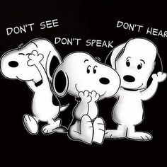 three cartoon characters wearing black shirts with white writing on the chest and one saying don't speak