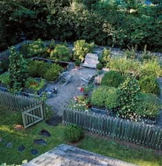 an aerial view of a backyard garden with wooden benches and various types of plants in it