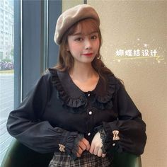 Casual Lolita Long Sleeve Shirt with Lace Peter Pan Collar, lace accents and bow decoration on sleeves. One Size Shoulder: 39cm Bust: 93cm Length: 58cm Sleeve: 57cm Material: Polyester Black Long Sleeve Blouse With Lace Cuffs, Black Bow Blouse For Fall, Fall Blouse With Ruffled Collar And Lace Cuffs, Fall Blouse With Lace Cuffs And Ruffled Collar, Black Lace Cuffs Blouse For Fall, Black Blouse With Lace Cuffs For Fall, Elegant Black Top With Doll Collar, Collared Blouse With Lace Trim For Fall, Fall Blouse With Lace Trim And Collar