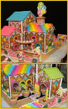 two pictures of a gingerbread house made out of legos