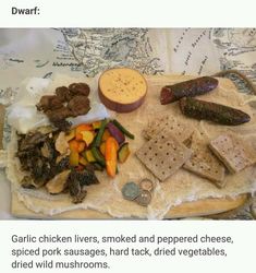 an assortment of crackers and vegetables on a map