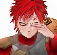 an anime character with red hair is holding his hand to his face and looking at the camera