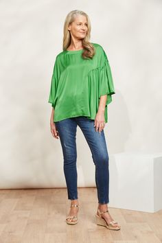 Elysian Top - Emerald - eb&ive Clothing - Top S/S - Dressy Summer Asymmetrical Viscose Top, Asymmetrical Viscose Top For Summer, Chic Viscose Top With Asymmetrical Hem, Chic Viscose Tops With Asymmetrical Hem, Asymmetrical Viscose Top For Spring, Spring Blouse With Asymmetrical Hem And Stretch, Spring Stretch Blouse With Asymmetrical Hem, Spring Stretch Viscose Blouse, Green Relaxed Fit Viscose Tops