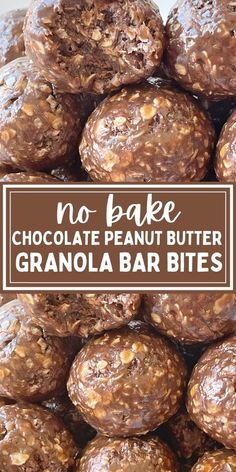 no bake chocolate peanut butter granola bar bites stacked on top of each other