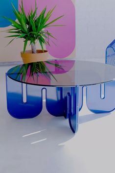 a glass table with blue legs and a potted plant