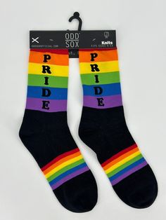 Odd Sox Mens 6-13 Pride Parade Rainbow Stripes Crew Knit Socks Stand Out Retro 100% Authentic, brand new, and never worn. Original Price = $14.99 Please look through all of the pictures before purchasing.   If you have any questions, feel free to message me and I'll get back to you as soon as possible.  Thanks for shopping. Retro Sign, Pride Parade, Crazy Socks, Rainbow Stripes, Knit Socks, Get Back, Mens Socks, Knitting Socks, Shoe Accessories