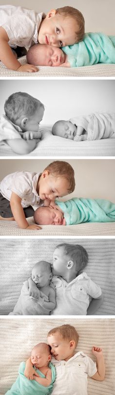 three babys are cuddling together in the same bed, and one is sleeping