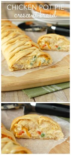 chicken pot pie crescent bread on a cutting board