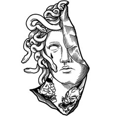 a black and white drawing of a woman's head