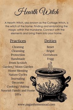 a menu for hearth witch with an image of a caulder