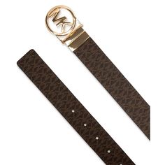 Give your look signature style and versatility with this reversible logo belt from MICHAEL Michael Kors. Accented with the iconic MK monogram on one side and solid color on the other, interchange the look with just a flick of the buckle. A gleaming golden buckle highlights this high-quality faux leather belt suited for any outfit. Available in multiple sizes with the comfort and style Instagram users love from the Michael Kors brand. Modern Brown Belt With Logo Plaque, Faux Leather Belts, Wedge Pumps, Brooch Jewelry, Travel Jewelry, Men's Jewelry Rings, Sunglasses Branding, Pump Sandals, Mens Belts