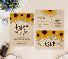 wedding stationery with sunflowers and lace