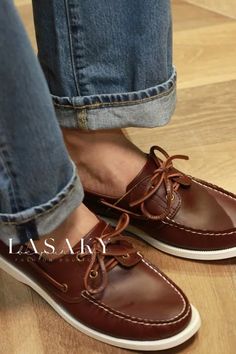 Lasaky - Premium Handcrafted Vintage Leather Loafers: Genuine Cowhide Upper for Sophisticated Casual Boat Shoes Leather Shoe Laces, Heels Patterns, Rough Heels, Dressing Style, Shoes Lace, Red Brown, British Style, Leather Loafers, Natural Leather