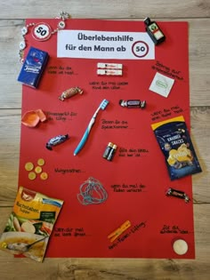 a red bulletin board with various items on it and the words obeertebenuhf fur den mann ab