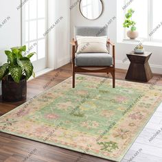 a living room area with a chair, mirror and potted plant