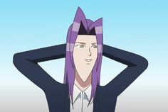 an animated image of a man with purple hair