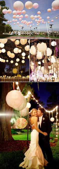 a collage of photos with lights and paper lanterns